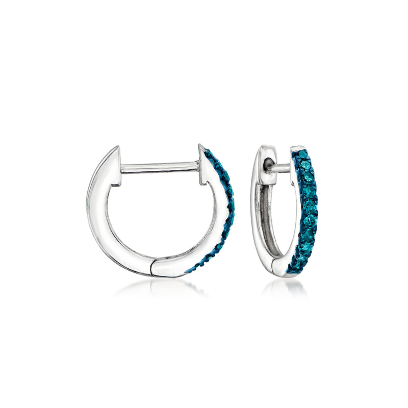 Blue diamond hoop earrings in sterling silver, front and side views
