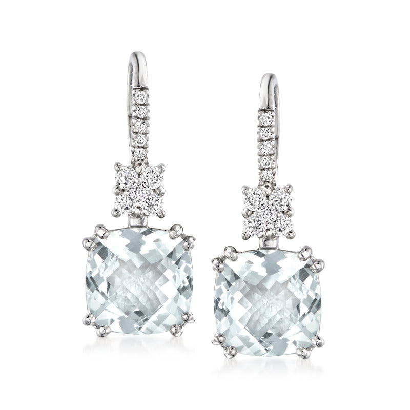 14kt white gold leverback drop earrings with oval aquamarine and diamond halo accents