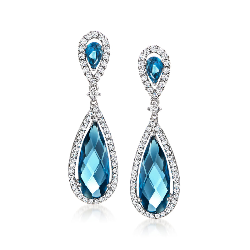 Teardrop London blue topaz drop earrings in white gold with diamond halos and frames
