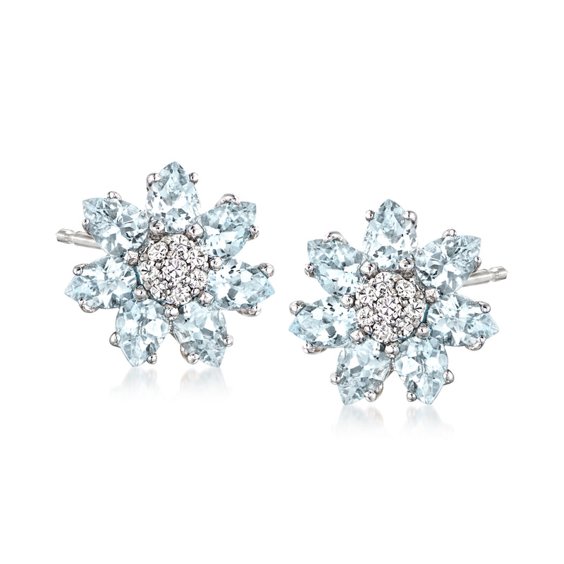 Aquamarine and diamond flower stud earrings in 14kt white gold with post backs
