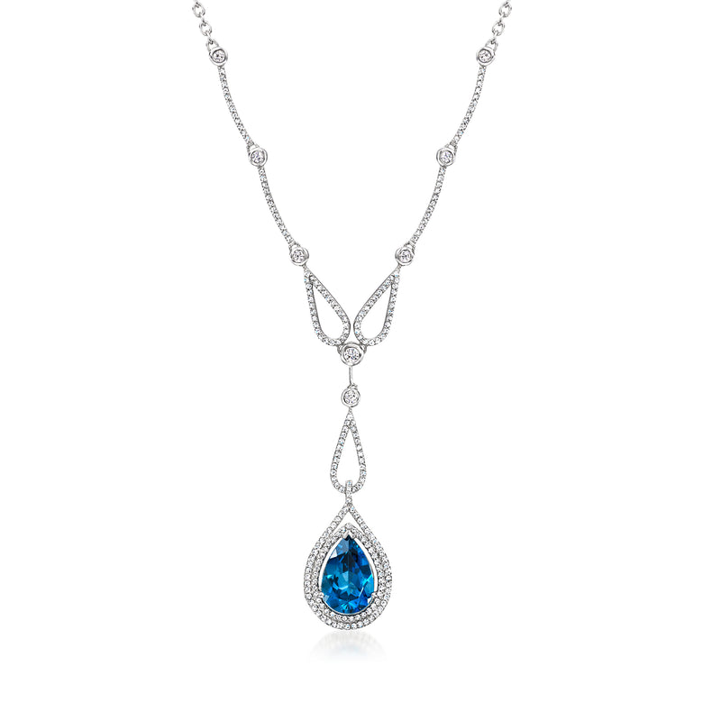 14kt white gold Y-necklace with teardrop blue topaz pendant and diamond accents