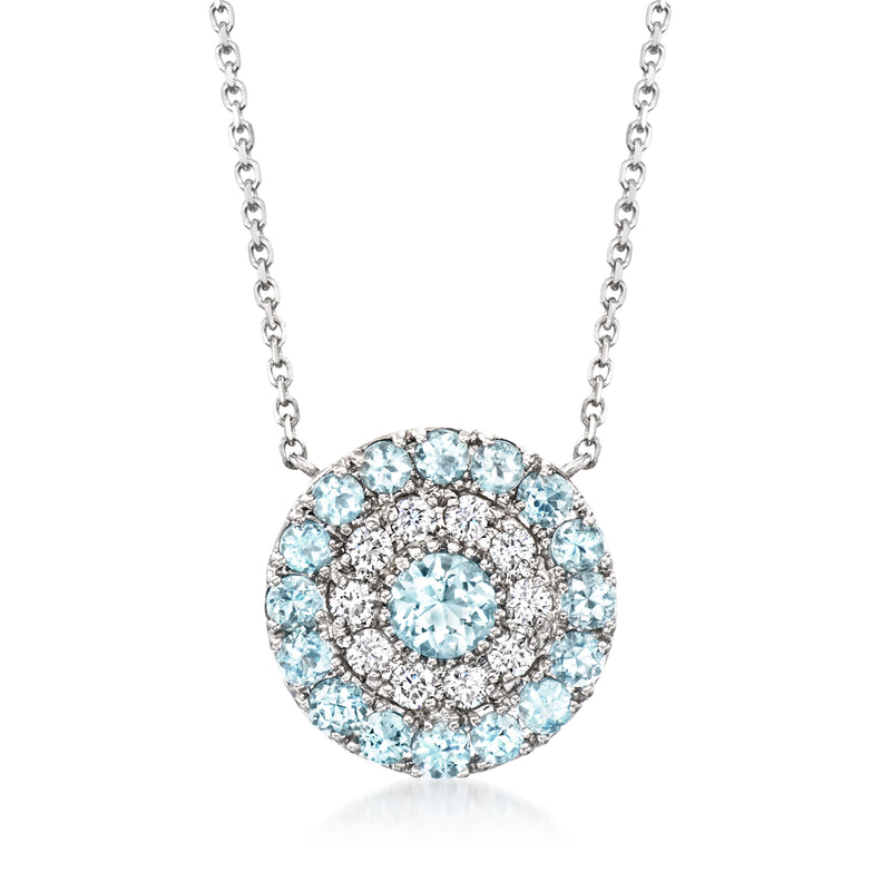 14kt white gold circle necklace with aquamarine and diamond halo