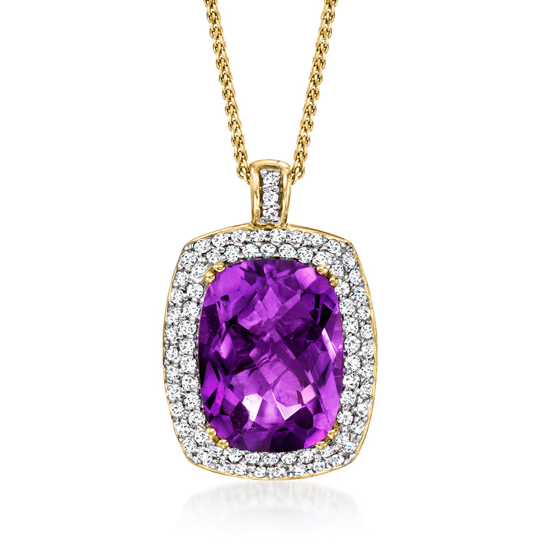 14kt yellow gold amethyst pendant necklace with diamond halo, cushion-cut center stone.