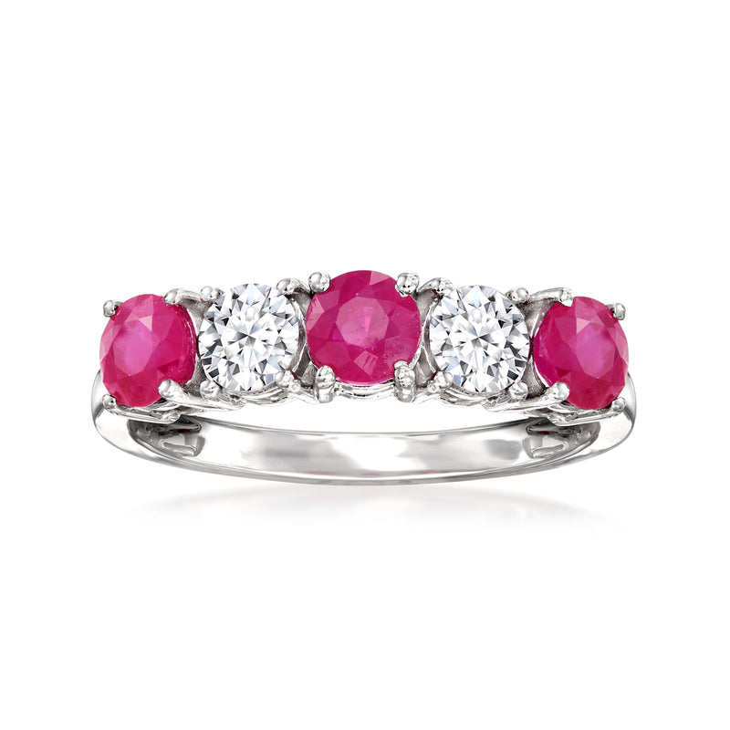 14kt white gold diamond and ruby band ring with three clear stones and two round rubies