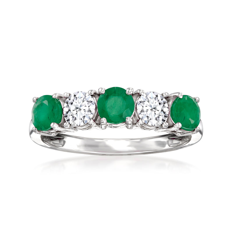 14kt white gold ring with emerald-green gemstones and round diamond accents