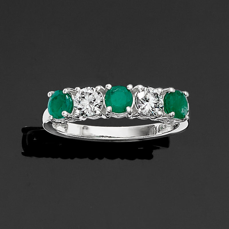 14kt white gold band ring with emerald-green gemstones and round diamond details