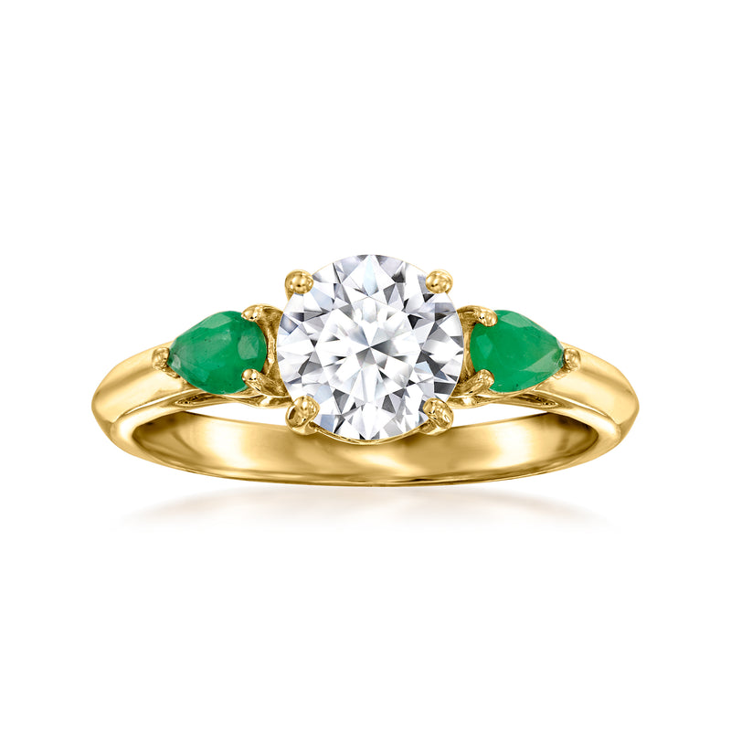 14kt yellow gold ring with round lab-grown diamond center and green emeralds