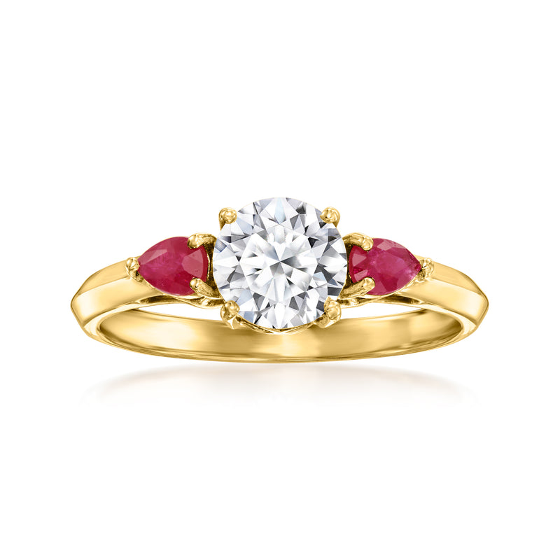 14kt yellow gold ring with round lab-grown diamond center and two red ruby side stones