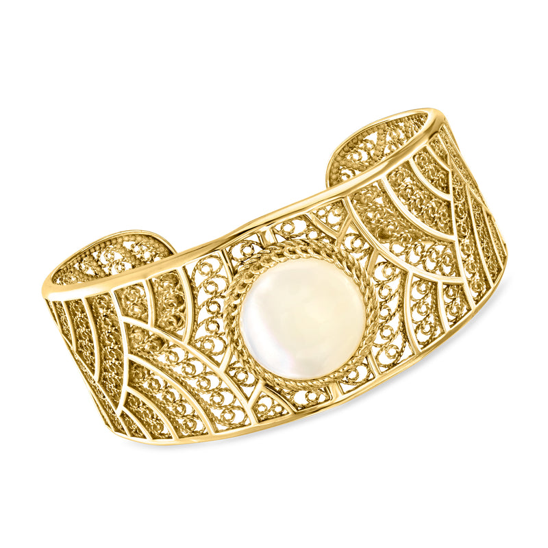 18kt gold over sterling filigree cuff bracelet with mother-of-pearl oval center