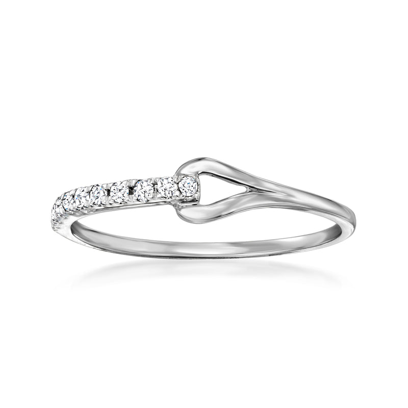 Sterling silver interlocking diamond ring with pave band and round center stone