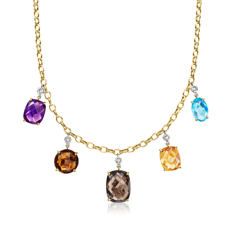 14kt yellow gold multi-gemstone necklace with five faceted pendants and diamond accents
