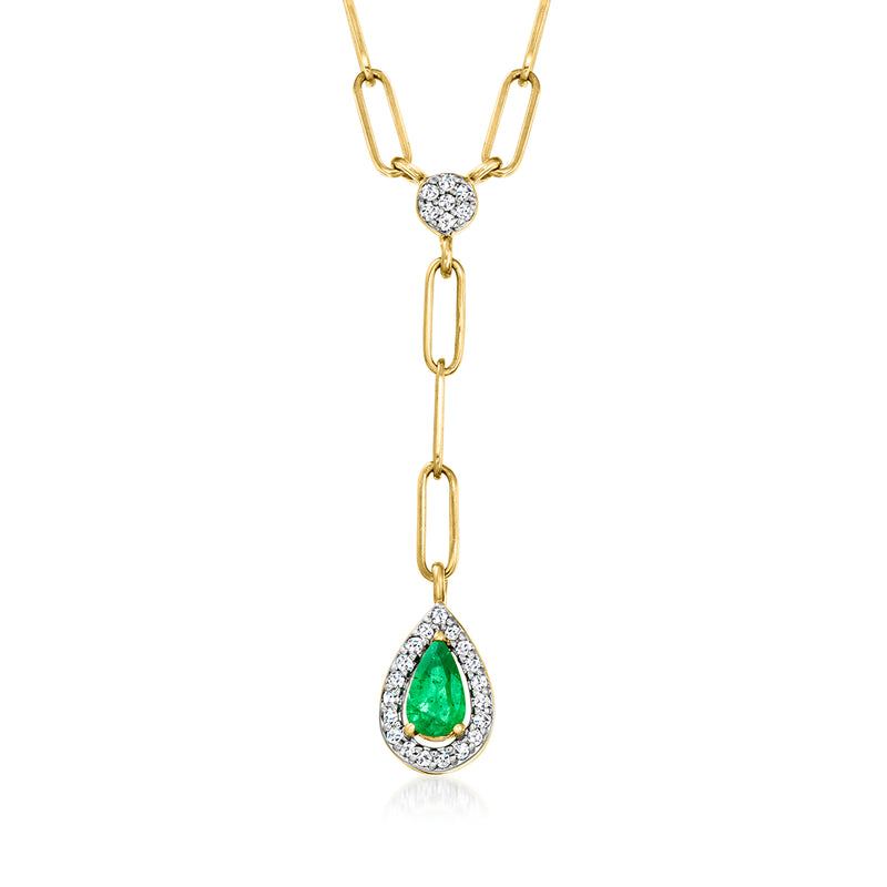 18kt yellow gold Y-necklace with pear green gemstone pendant, diamond accents