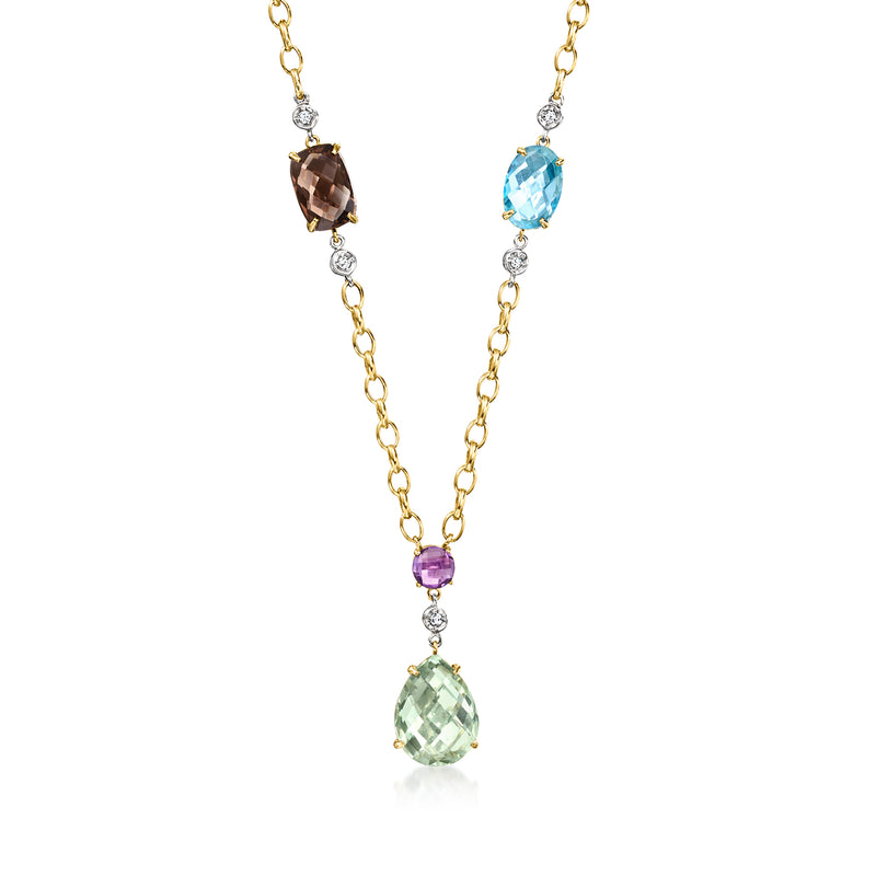 14kt yellow gold Y-necklace with multi-gem teardrop stones and diamond accents