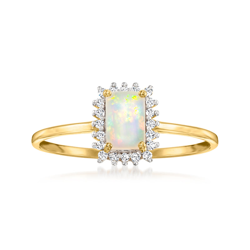 14kt yellow gold opal ring with square opal and diamond halo