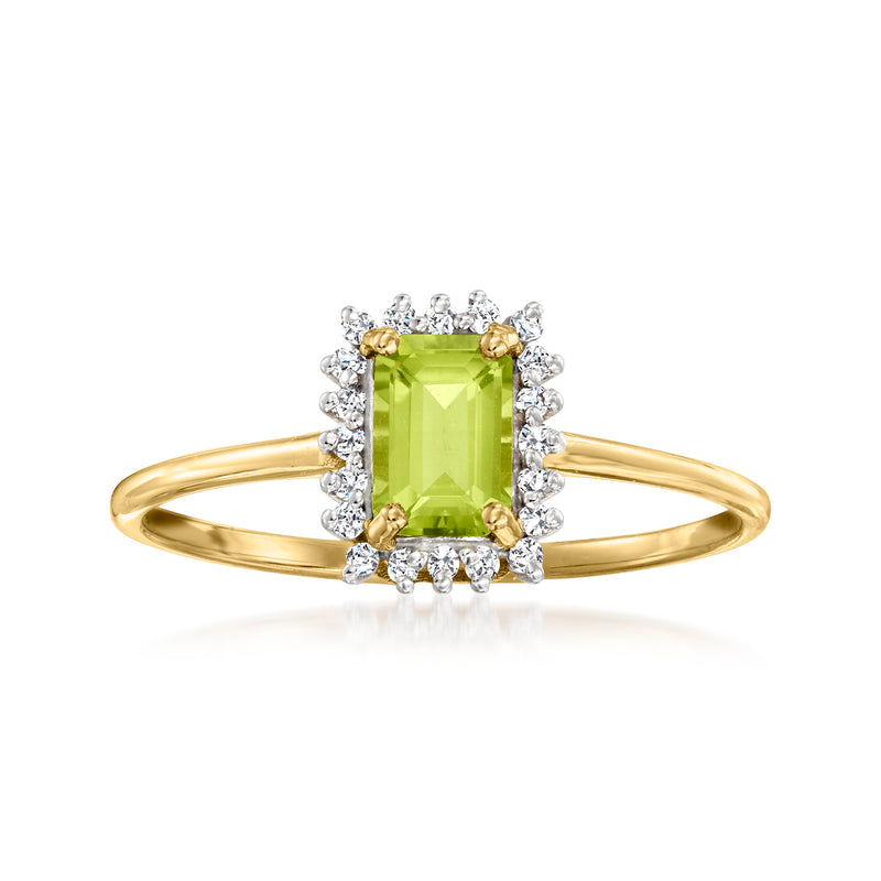 14kt yellow gold ring with rectangular peridot center and diamond halo
