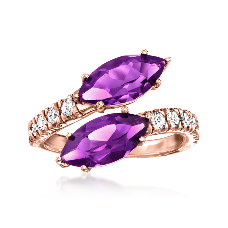 14kt rose gold bypass ring with oval amethyst stones and round diamond accents