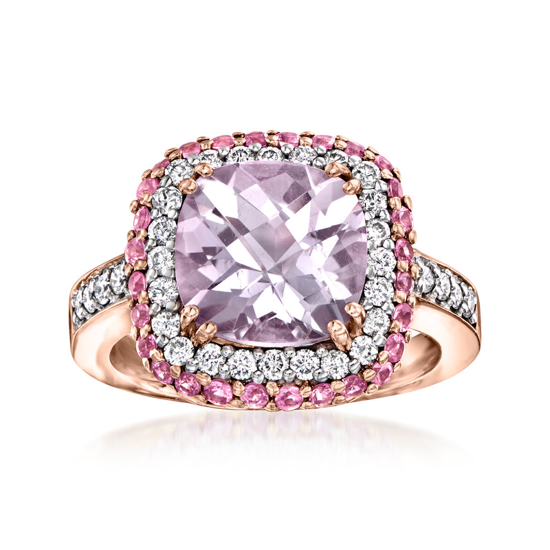 Rose gold ring with cushion-cut amethyst center, pink sapphires, and diamond accents