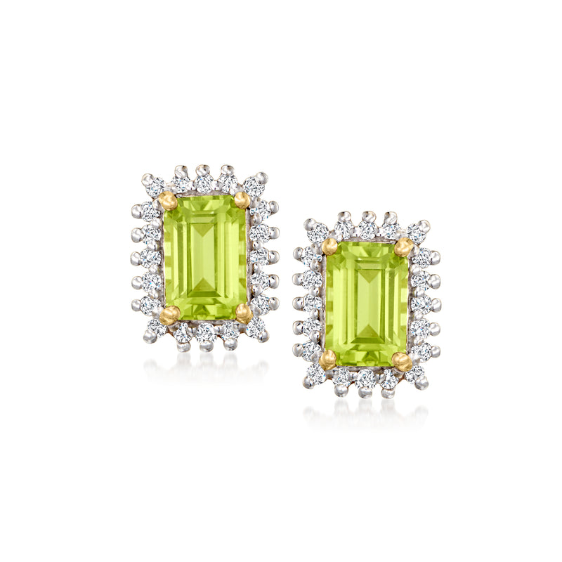 Green peridot and diamond halo stud earrings in 14kt yellow gold, square-cut