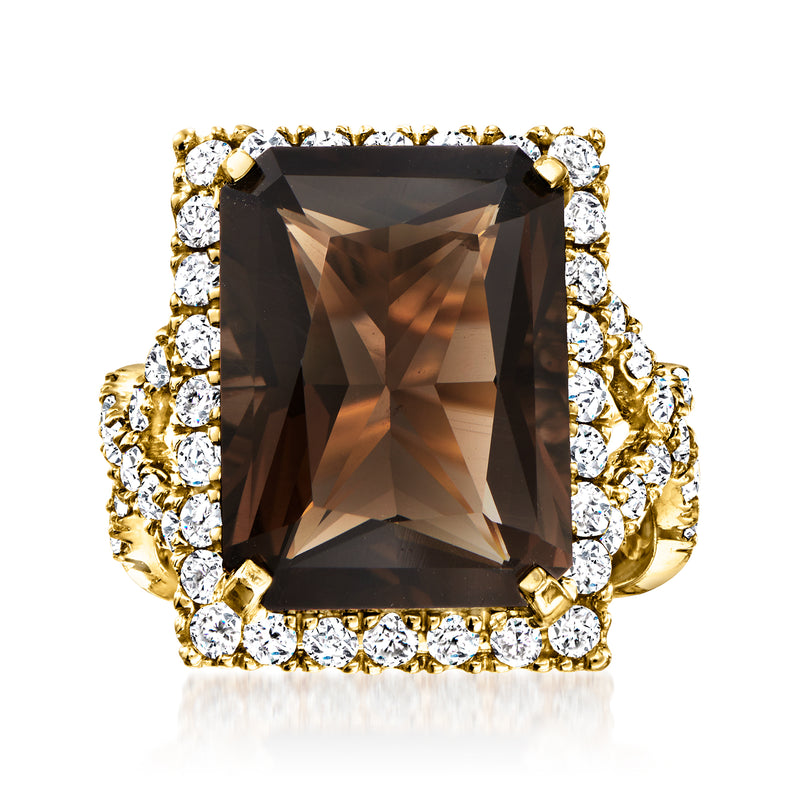 Smoky topaz emerald-cut ring, 14kt yellow gold with diamond halo and side stones