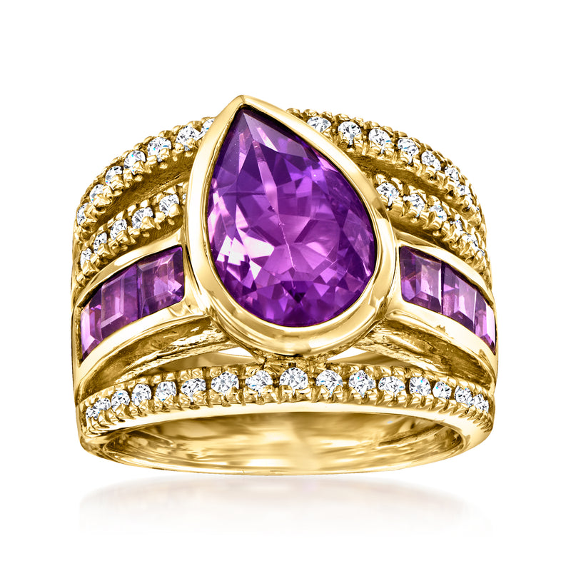 14kt yellow gold amethyst multi-row ring with pear-cut purple center and diamond accents