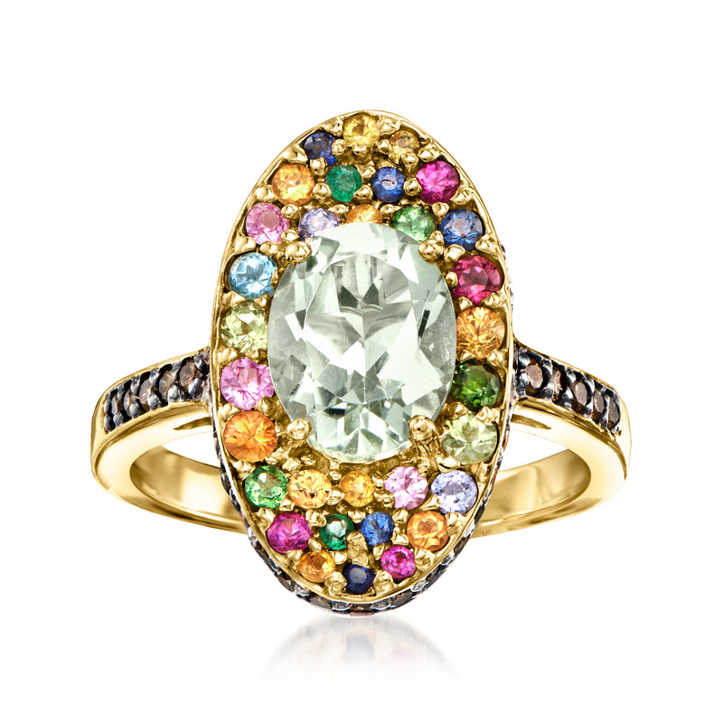 14kt yellow gold oval center prasiolite multi-gemstone halo with colored side details