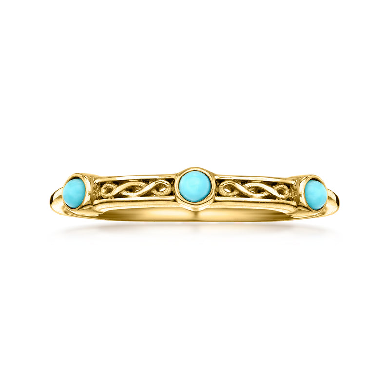 14kt yellow gold station ring with three round turquoise stones