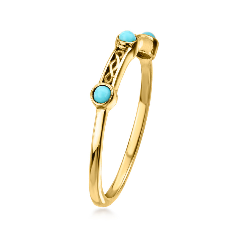 14kt yellow gold turquoise station ring with scalloped band and three blue stones