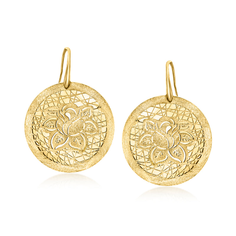 Gold floral round drop earrings with textured filigree and earwire hooks