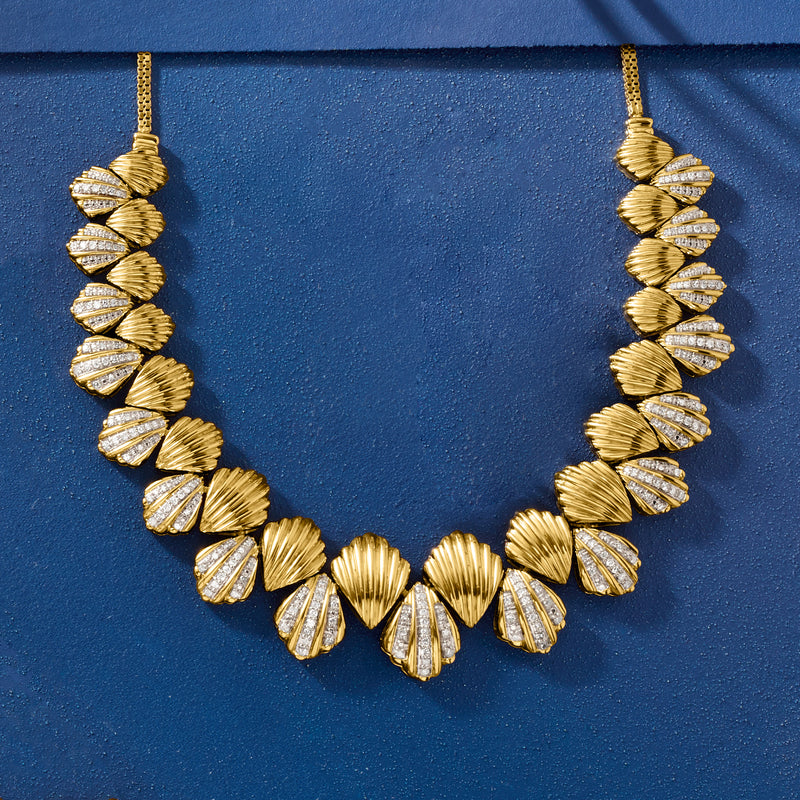 Diamond scalloped necklace with 18kt gold over sterling, V-shaped scalloped link pattern