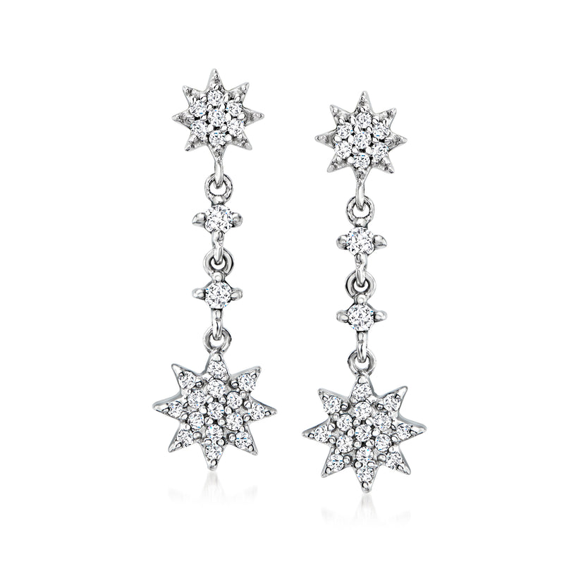 Sterling silver starburst drop earrings with three cubic zirconia stars