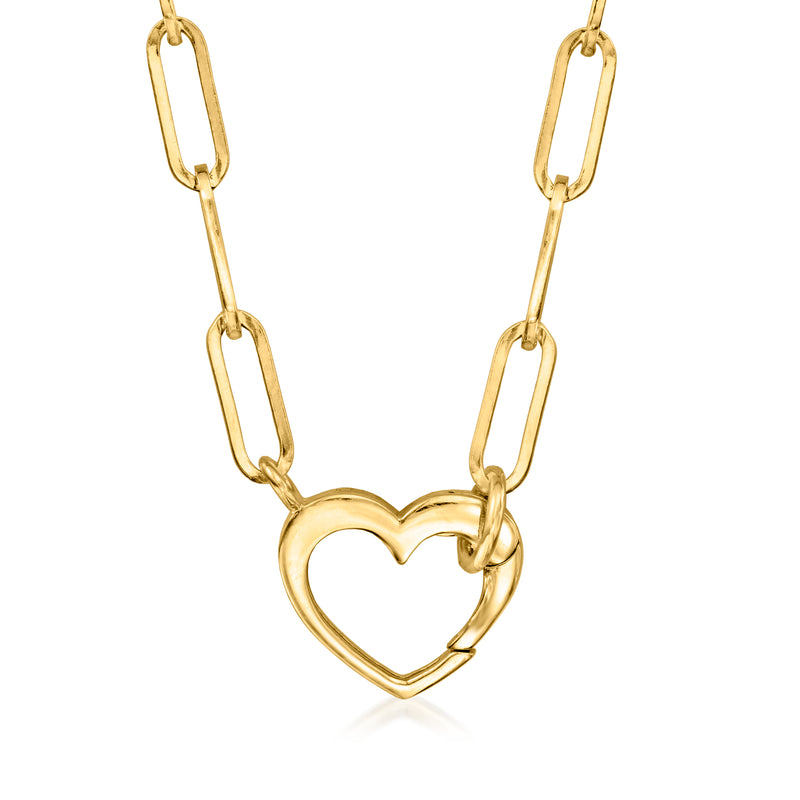 14kt yellow gold heart charm paper-clip link necklace with open heart pendant