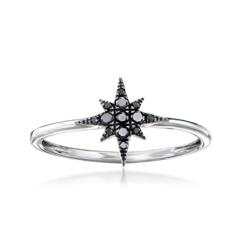 Sterling silver ring with dark star centerpiece and round black diamond accents