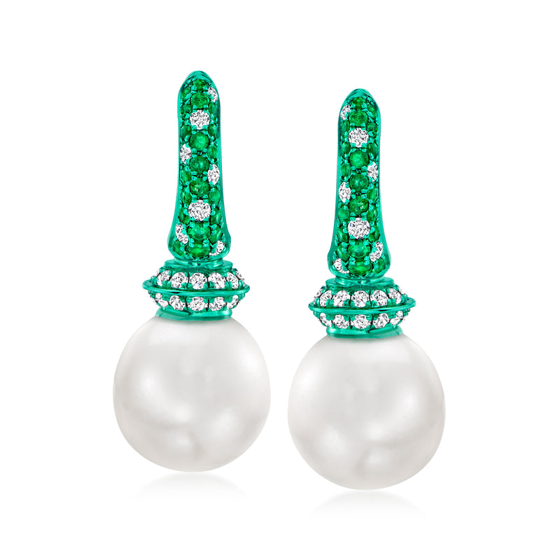 18k white gold drop earrings with green emerald hoops and diamond halos, cultured pearl