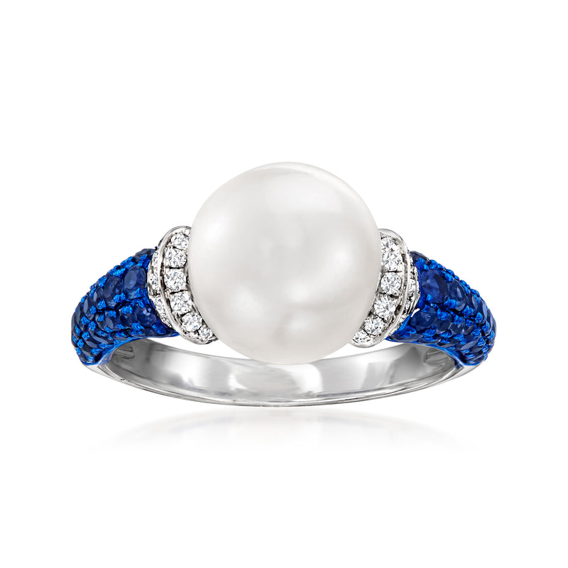 10mm cultured pearl ring in 18k white gold with blue sapphire and diamond accents