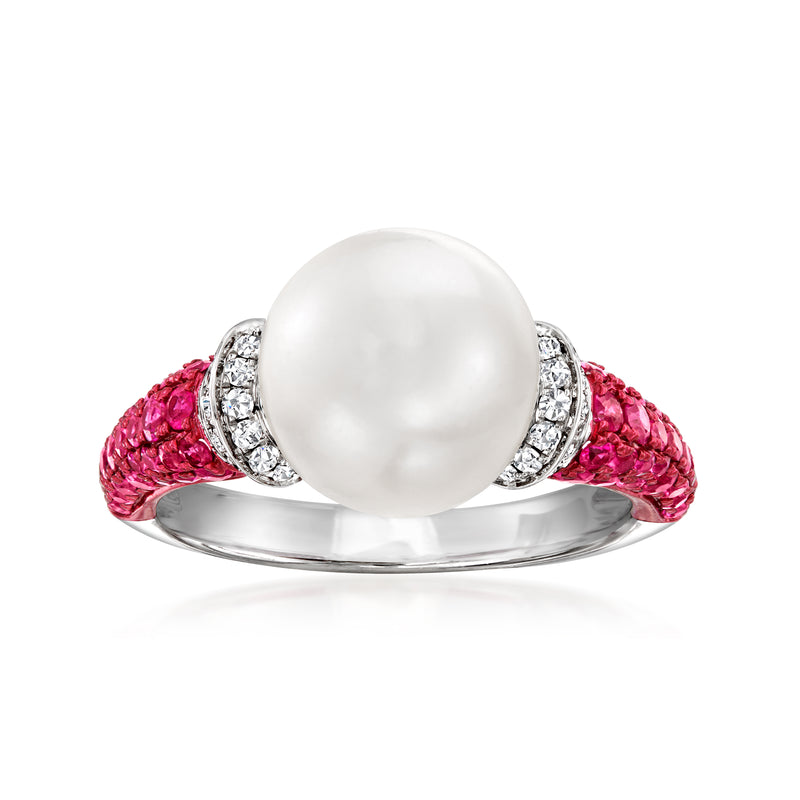 Cultured South Sea pearl ring with ruby and diamond accents in white gold