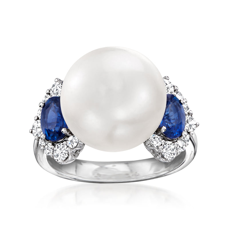 18kt white gold ring with round white South Sea pearl, blue sapphires, and diamond accents