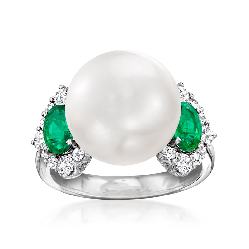 Cultured South Sea pearl ring in 18kt white gold with green emeralds and diamond accents