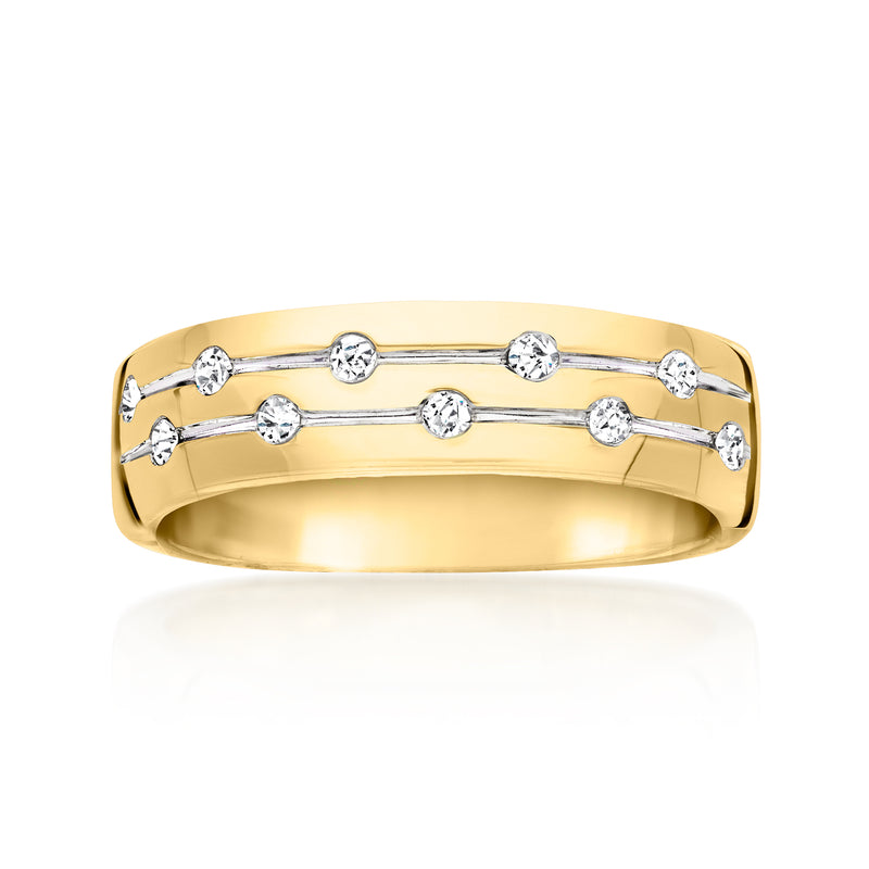 Gold channel ring with dotted diamond accents, round stones across the band