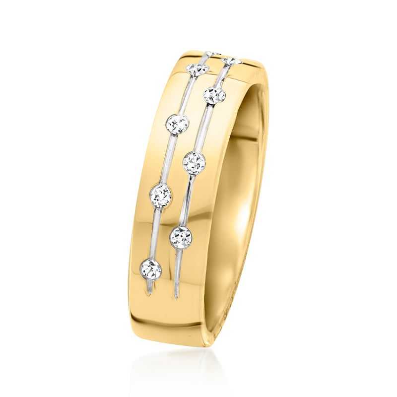Gold ring with vertically aligned round diamond accents in a channel setting