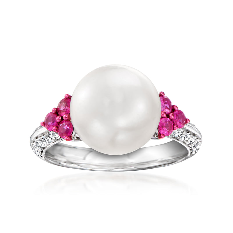 White gold ring with 11mm cultured South Sea pearl, pink ruby accents, diamond details