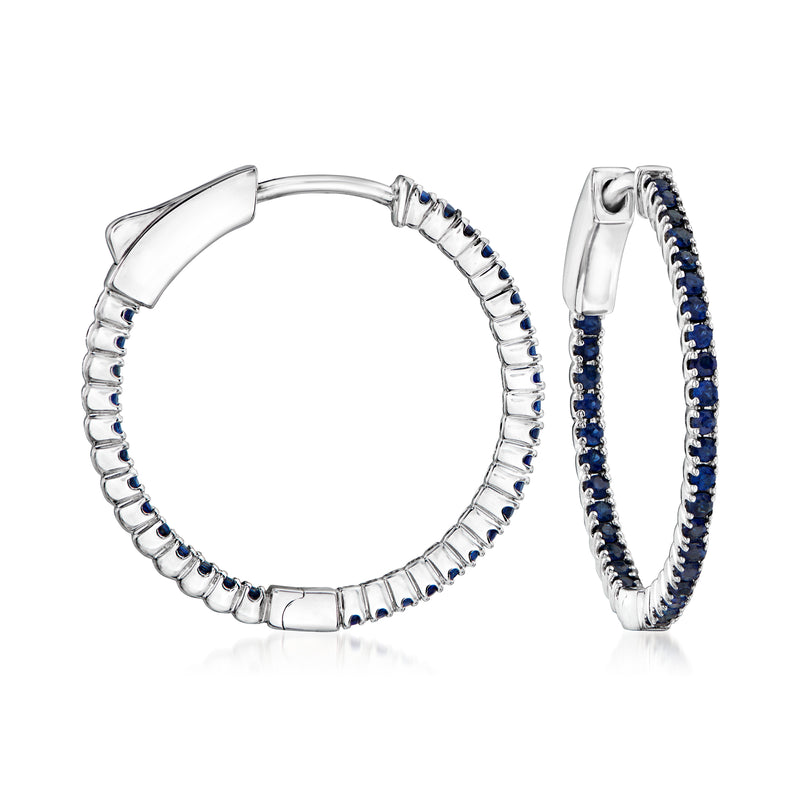 18kt white gold hoop earrings with inside-outside dark blue sapphire rows