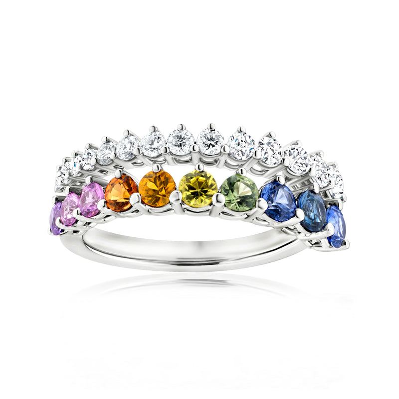18k white gold ring with multicolored sapphires and diamond accents, prong-set