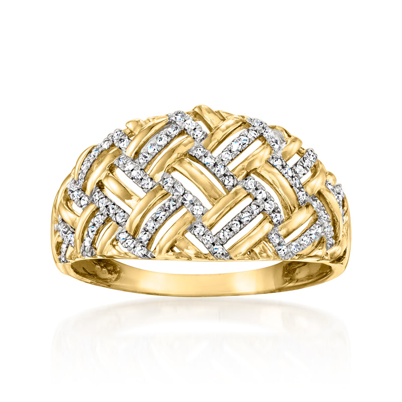 14kt yellow gold diamond basketweave ring with interlaced milgrain rows