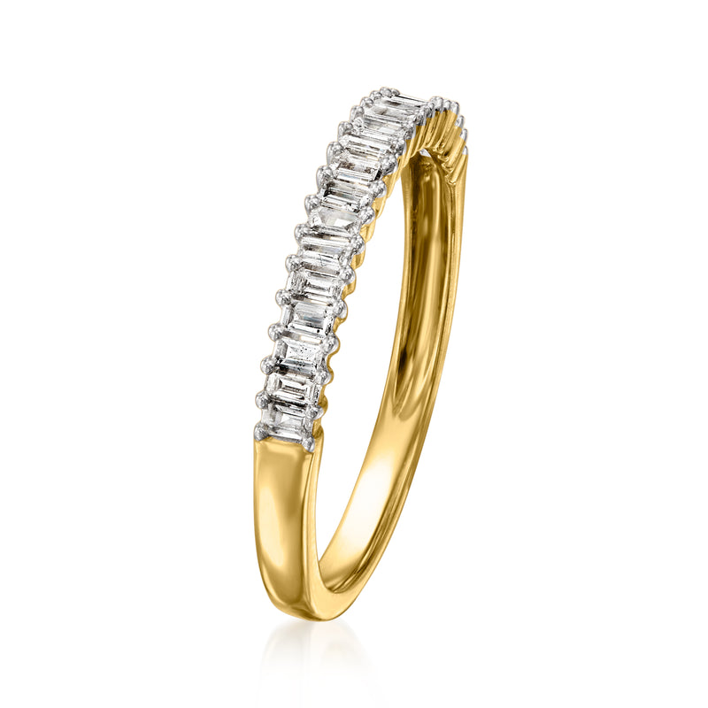 Baguette diamond ring in 14kt yellow gold, side profile with prong settings