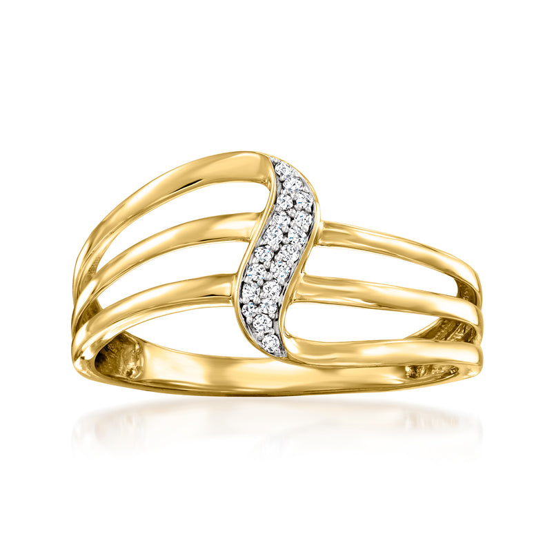14kt yellow gold ring with diamond swirl detail, channel-set stones on the top band