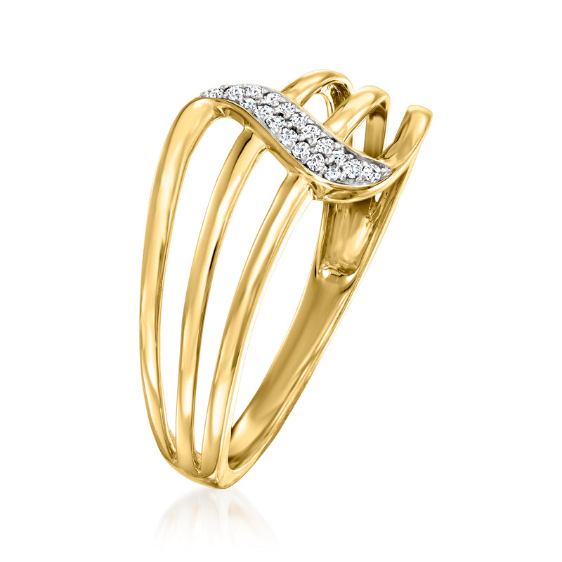 14kt yellow gold diamond swirl ring with split band and pavé diamond curve