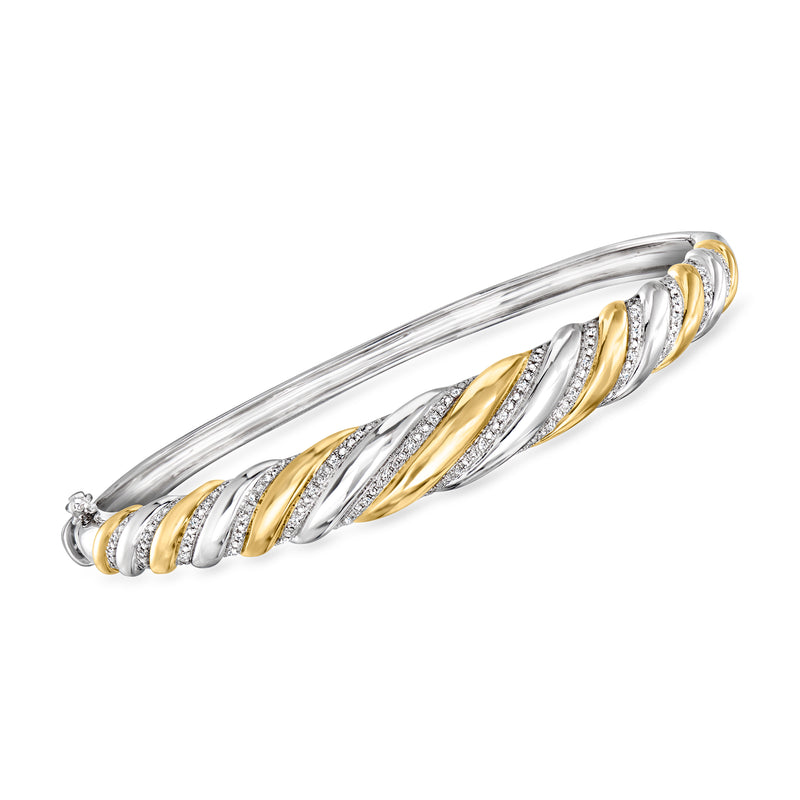Two-tone sterling silver diamond-striped bangle bracelet with alternating gold and silver ridges