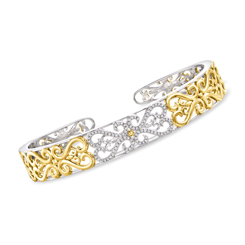 Two-tone sterling silver cuff bracelet with filigree heart detailing and diamond accents