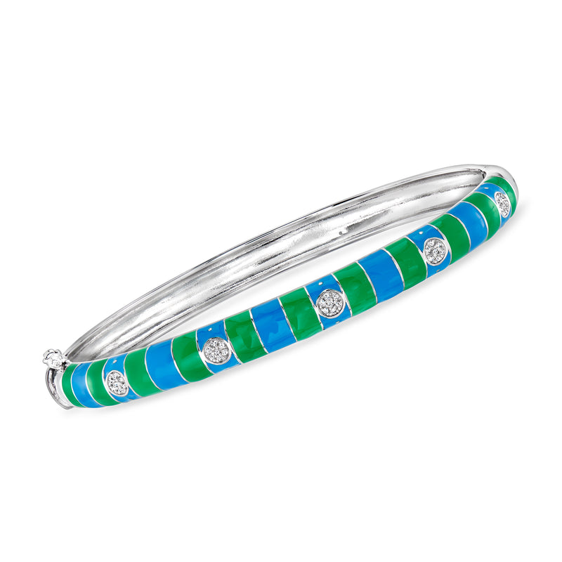 Sterling silver bangle with blue and green enamel stripes and small diamond accents