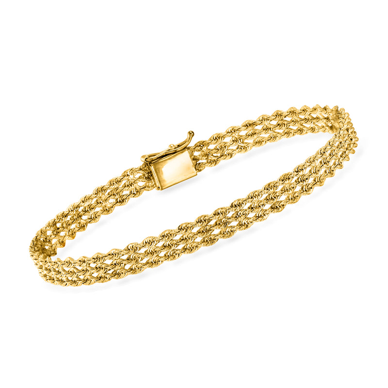 14kt yellow gold three-row rope-chain bracelet with rectangular clasp